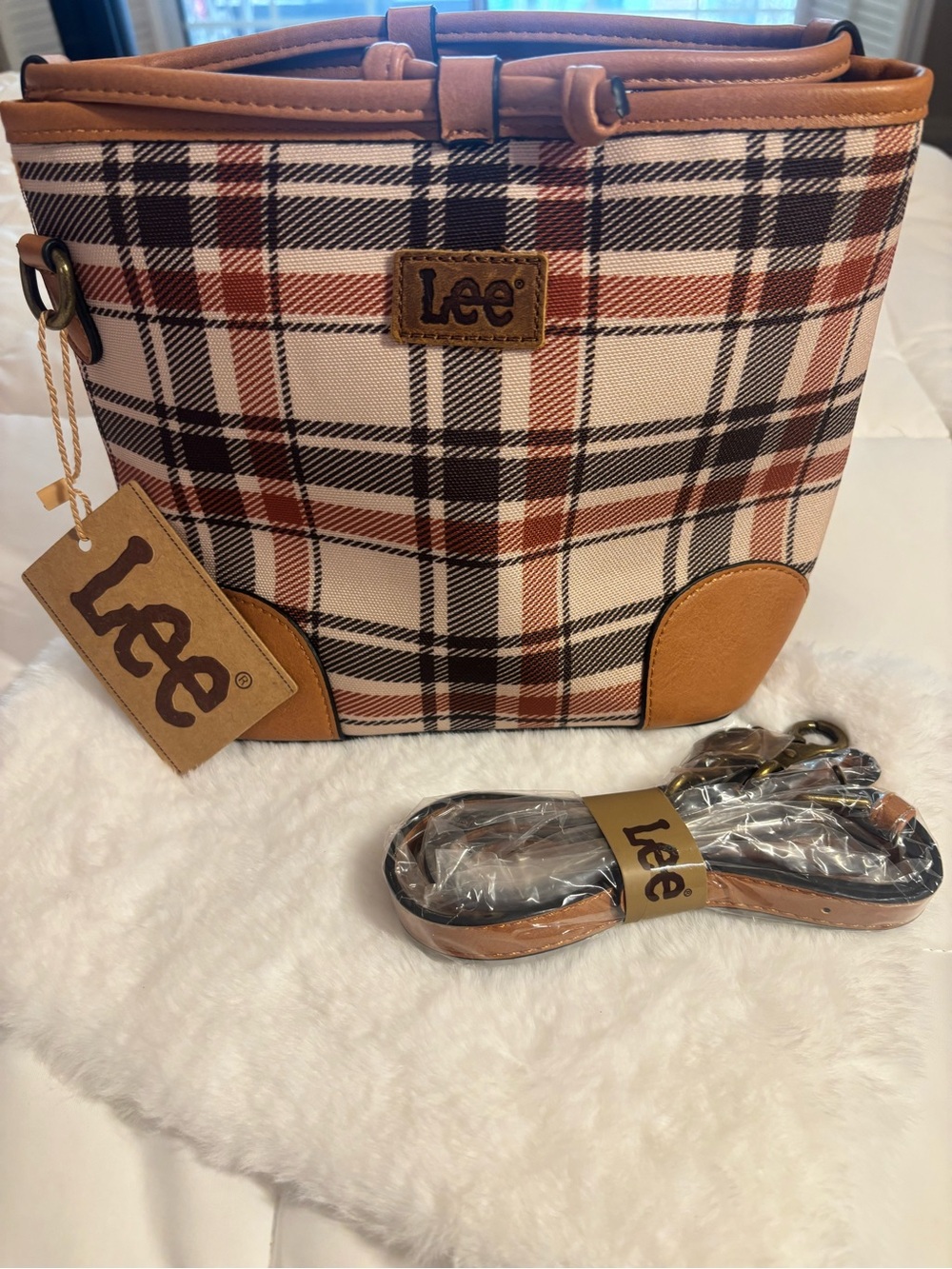 Brand New Lee Plaid Canvas Tote in Cream, Brown and Black with Tan Accents
